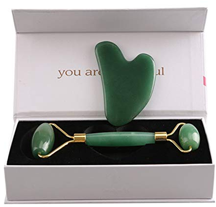 Jade Roller Gesichtsmassagegerät 100% natürliche Jade Gesichts Rolling Stone und Gua Sha Schaben Werkzeug Set Abnehmen Hauttherapie Schlankheits-Tool
