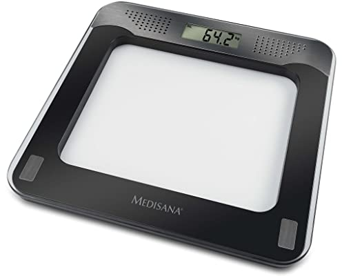 medisana PS 416 Bilancia pesapersone parlante, Precisa bilancia digitale in vetro, 4 lingue, Spegnimento automatico integrato, Fino a 180 kg, Nero / Argento