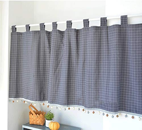 Elegant Schlaufenschal karo Gardine Karierte Küchengardine Bistrogardine | Halbtransparente Bistrogardine mit Kugeln-Kante Landhausstil mit Raffhalter (HxB 40x140cm, grau) 1 Stück