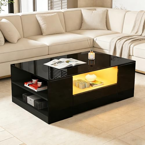 BESTWANTED Moderner Couchtisch mit LED-Lichtern, 95 x 37 x 55 cm, 6 offene Ablagen, 2 Schubladen, Wohnzimmer/Home Office