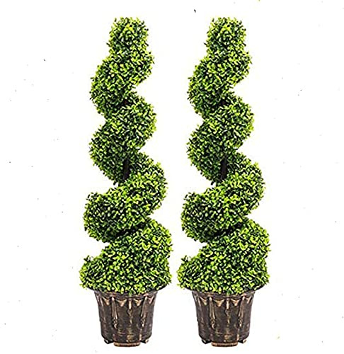HMWD 3FT / 90CM ARTIFICIAL SPIRAL TWIST TOPIARY TREE, INDOOR AND OUTDOOR FAUX TOPIARIES TREES, REALISTIC BUXUS FOR HOME DECOR WITH RUSTIC POT-GREEN (2)