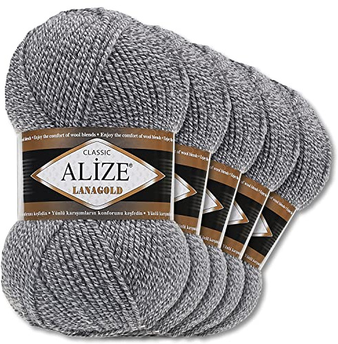 Wohnkult Alize 5 x 100 g Lanagold Wolle | 53 Auswahl | Stricken Häkeln Wolle (651 | Grau-Beige)