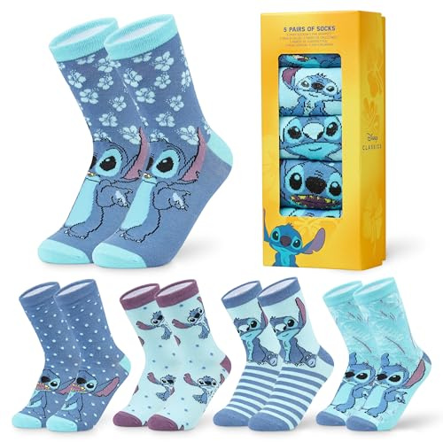 Färgglada Disneystrumpor för kvinnor, 5-pack, damstrumpor med roliga motiv, i bomull, presentset, Lilo och Stitch, Nalle Puh, skurkar och prinsessor, 36-40 EU