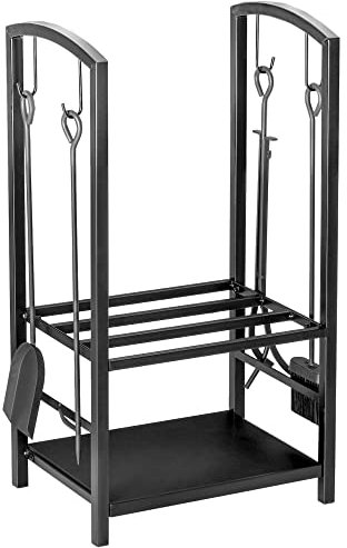 Outsunny Estante de Leña para chimenea Soporte para Leña de 2 Niveles Leñero Exterior e Interior Metálico con 4 Herramientas para Chimenea Carga Máx.100 kg 40x30x74,5 cm Negro