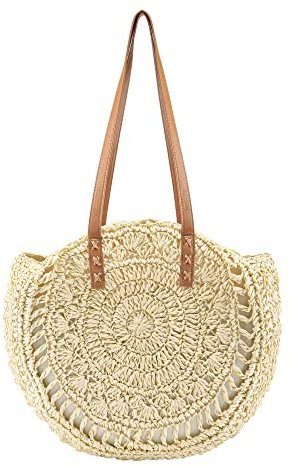 CHIC DIARY Stroh Basttasche Damen Sommer Strohtasche Runde Strandtasche Schultertasche Große Gewebte Korbtasche Einkauftasche