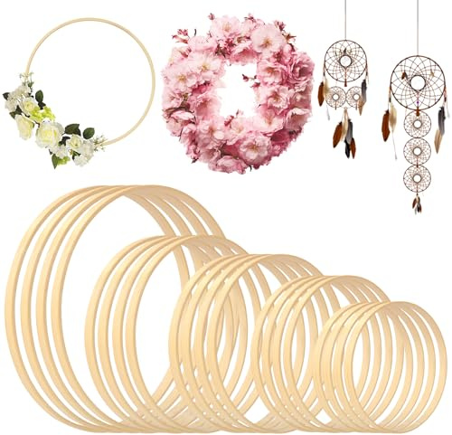 STARVAST 20 Stück 5 Größen Holzringe zum Basteln, Bambus Holz Ringe Hoops Set für Makramee, Traumfänger, Blumenkranz Türkranz, Wandbehang Fensterdeko DIY Set (13cm, 15cm, 18cm, 20cm, 26m)