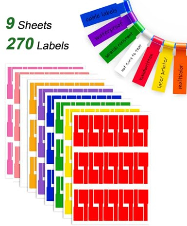 270 Pcs Cable Labels Tags for Cable Management, 9 Colors Cord Tags for Electronics, Waterproof Labeling Wire, Self Adhesive Tear Resistant Wire Labels Laser Printer & Handwriting
