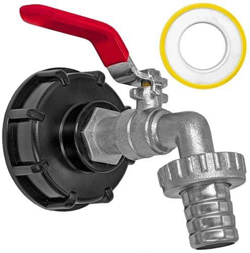 MegaHaustechnik IBC Container Tank Adapter Kappe S60x6 Grobgewinde Steigung 6mm Innendurchmesser 60mm mit Auslaufhahn 3/4 Zoll Außengewinde AG, Schlauchtülle Außendurmesser 20mm, Teflon Dichtband
