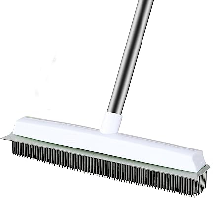 Rubber Broom for Carpet Pet Hair Remover, Carpet Rake with Squeegee Silicone Broom for Floor Cleaning Long Handle Push Broom Outdoot Indoor Non Scratch Bristle Broom for Fluff Carpet Wood Windows Tile