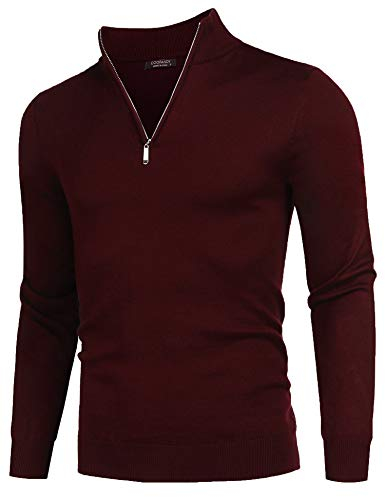 COOFANDY Homme Pull à Col Roulé Homme Sweat Travail Pulls Sweatshirts Zippé Pull Maille Haut DéContracté en Tricot De Couleur Unie Vin Rouge XXL