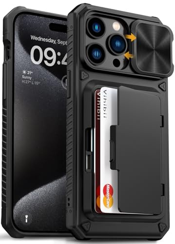 Vihibii for iPhone 15 Pro Max Case with Card Holder (4 Cards), Black | Slide Camera Cover & Kickstand, Military Grade Drop Protection, Rugged Hard Back & Silicone Edge Wallet Phone Case, 6.7 2023