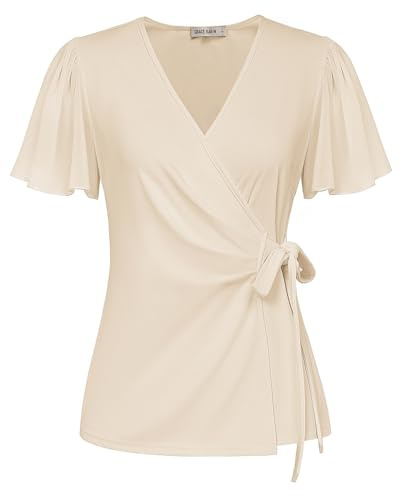 GRACE KARIN Mujeres Blusas Casuales con Mangas Fruncidas Elegante Gasa Fluyente Blusa Cruzada Ligera Túnica con Lazo Delantero Albaricoque L