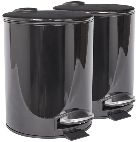 Harbour Housewares 5L Bathroom Bins - Black - Pack of 2 - Round Stainless Steel Pedal Bin Slim Kitchen Rubbish Trash Can Garbage Dustbin with Lid and Inner Liner Bucket