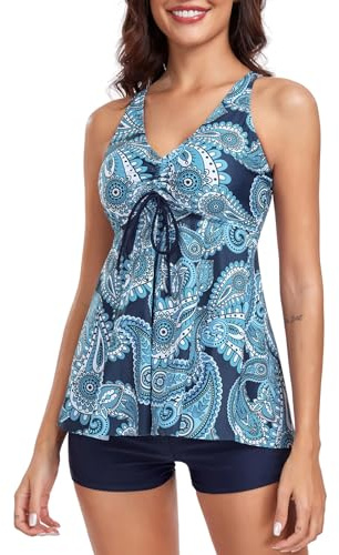 FLYILY Damen Zweiteilig Badeanzug Vorner Schnüren Racerback Bademode Plus Größe Tankini Set mit Boyshort(Blueprint,XL)