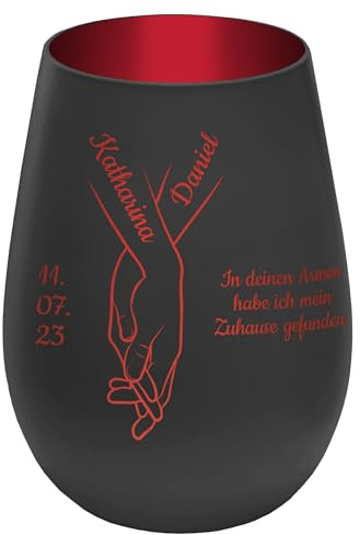 Personalisierbares Windlicht ''Hand in Hand'' - Schwarz/Rot - gravierter Glas Teelichthalter mit Namen, Daten, Wunschtext - Höhe 12 cm - Geschenk zu Hochzeit Verlobung Jahrestag Valentinstag