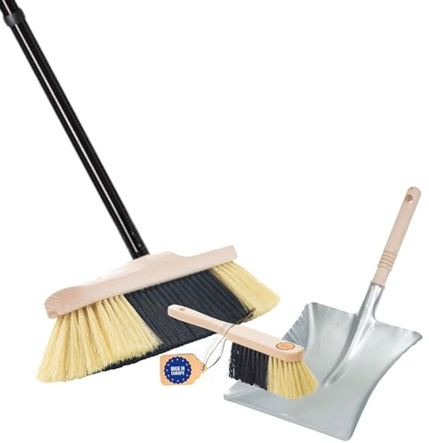 Novaliv Escoba de Habitación Con Mango Estable, Cerdas de Plástico Suaves, 4 Piezas, Mango + Recogedor de Mano de Metal Galvanizado