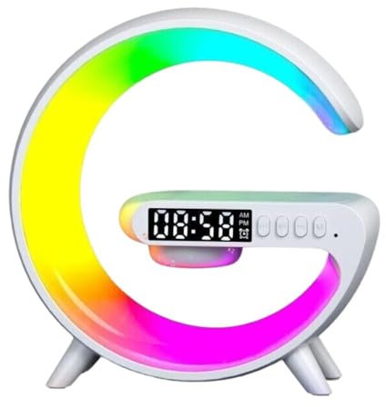 Generico Cassa Speaker BT WiFi Lampada Mini a Forma G con Ricarica Smartphone Induzione Fast Qi con Orologio Sveglia LED RGB15 x 15 x 6 cm