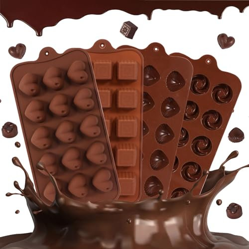 4 Pcs Moldes de Alimenticio Chocolate de Silicona Marrón, Moldes Antiadherentes para Chocolates para Cuadrado, Concha, Flor de Remolino, Corazón con 1*Espátula de Mantequilla, 2*Cuentagotas