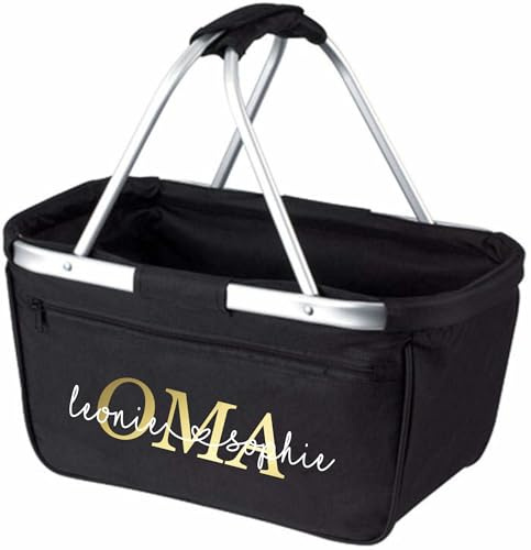 AWASG Einkaufskorb Oma - Personalisiert mit Name - Einkaufstasche faltbar Tragekorb mit Aufdruck - 45 x 25 x 25 cm (schwarz)