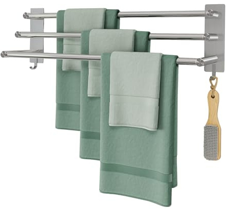 JS Towel Rail No Drilling SUS304 Stainless Steel Towel Holder, 3-Tier Bath Towel Rack Self-Adhesive with 2 Hooks Bathroom Kitchen 60CM