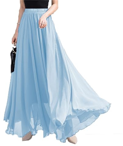 Damen Chiffon Maxirock Elastische Taille Sommer Lässig Swing Fließender Lang Strandrock