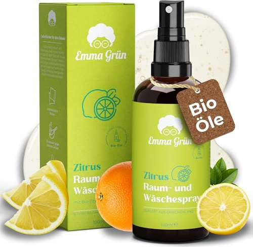 Emma Grün® Zitrus Raumspray 100ml – Lufterfrischer für Wohnräume, Auto & WC | Mit Zitronenöl, Limettenöl & Orangenöl – als Textilerfrischer für Kleiderschrank, Wäsche & Textilien – Spray aus Griechenland