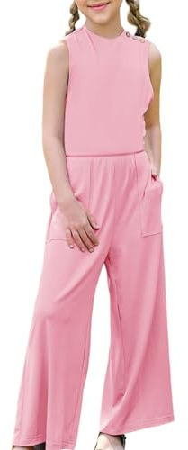 Haloumoning Mädchen Jumpsuits Weites Bein Hosen Loose Fit Ausgeschnittener Rücken Overall Casual Strampler Rosa 120