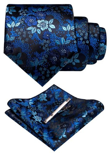 JEMYGINS Cravates et mouchoirs de poche à fleurs pour homme disponibles avec pince à cravate, Bleu nuit/bleu porcelaine, M