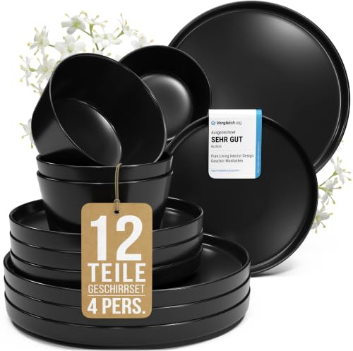 Steingut Geschirrset 4 Personen Manhattan 12-tlg. TESTSIEGER, Cooles Urbanes Steingut Geschirr Set, Schüssel- und Teller Set, Tafelservice 4 Personen, Geschirrsets Pure Living in matt Schwarz