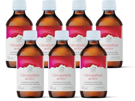 Circulation Active - Lot de 7 Flacons de 200 ml - Sirop à base de Vigne Rouge et plantes - Favorise la circulation sanguine - Soulage les jambes lourdes - Vitalys Alpes - Fabriqué en France