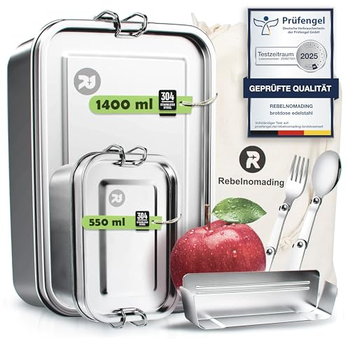 Rebelnomading 1400 ml Brotdose + 550 ml Edelstahl Brotdose Erwachsene Mit Tragetasche, Faltbarem Löffel, Gabel - Auslaufsichere Große Edelstahl lunchbox set