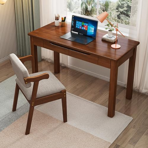 GLMGBP Escritorio de Madera de Roble 100% Macizo: Mesa de Estudio pequeña con 2 cajones, Escritorio de Oficina en casa Sencillo y Moderno, Escritorio de computadora (39 Pulgadas, Nogal)