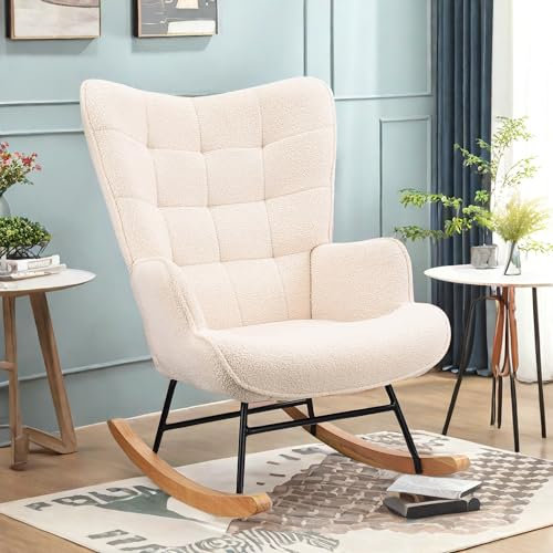 DADEA Gungstol med Högt Ryggstöd - Massivt Trä och Metallram, Amningsstol för Inomhus (Beige, 53,5 × 75 × 92 cm)