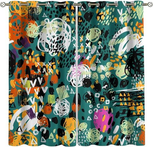 Vorhang Kinderzimmer Bunte Abstrakte Kritzeleien Kinder Vorhänge Mit Ösen Polyester Gardinen Thermovorhang Blickdicht Ösenschal Kindergardinen 170X200 cm (B + H) Für Wohnzimmer,2Er Set-626724424