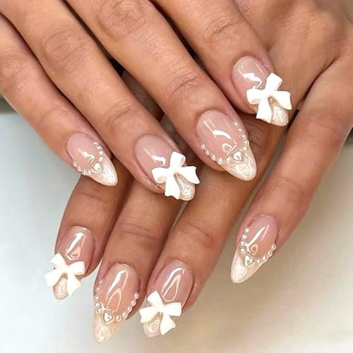 Press on Nails Short - 24Pcs Almond Pink Artificial Fake Nails with 3D Bow Tie Pearl Stick On Nails with French Tip False Nails with Glue Acrylic Reusable Press On False Nails Kit for Women Girls