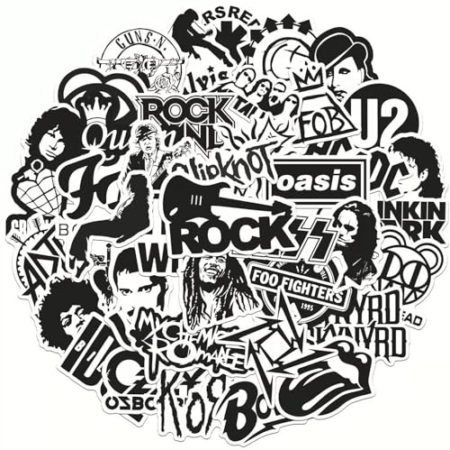 Black and White Music Rock Band Stickers Pack Decal Vinyl Waterproof Cute Aesthetic Decorations Guitar Laptop Bicycle Helmet Scrapbook Water Bottle Phone Case Gifts for Adult Teens 50 PCS