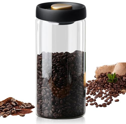 BORDEAG Lata de café con tapa al vacío, 1800 ml, hermética, recipiente para granos de café, recipiente de cristal, almacenamiento de granos de café, lata de café al vacío para té, cacao nueces, más