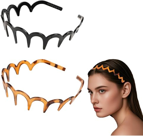 Flomiara 2 Stück Zickzack-Stirnband für Damen und Mädchen, Kunststoffzahn & Komfort gewellte Haarkamm-Stirnbänder, Multi-Stil, flexibles Haar-Accessoire, schwarz, klassisches 90er-Jahre-Stirnband mit