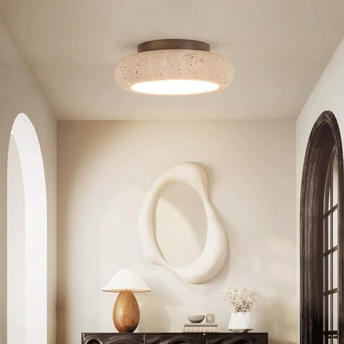 Kikioo Plafoniera in travertino giallo in stile giapponese, lampada da soffitto in pietra Wabi Sabi, cilindro LED da 18 W Vintage vicino al soffitto per camera da letto ingresso ingresso cucina foyer