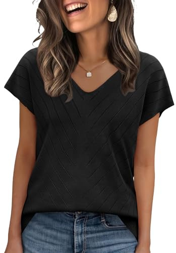 WIHOLL Short Sleeve Sweater for Women Trendy Womens Tops 2026 Summer V Neck T Shirts Cap Sleeve Beach Fashion Travel Outfits Vacation Clothes Ladies Tops Dressy Casual Lightweight Sweaters Black M