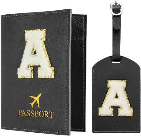 PATIKIL Reisepasshülle und Kofferanhänger Set, Reisepasshülle Passport Hülle für Reisen mit Alphabet Buchstaben Reisebrieftasche Koffer Identifikator für Frauen Schwarz A