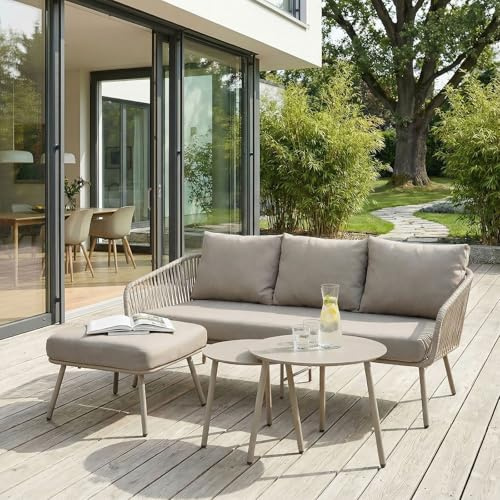 IDIMEX Gartenlounge Mykonos, Champagne/beige - Balkon Lounge Sofa mit Dreisitzer, Hocker & Beistelltisch, Wasserabweisende Kissen, wetterfest für Balkon und Terrasse