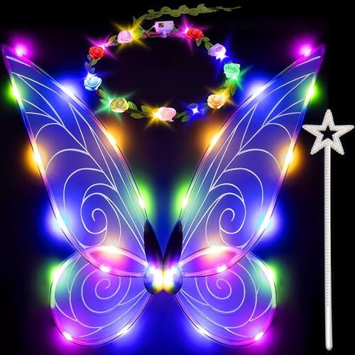 Feenflügel LED,Feenflügel mit Leuchteffekt für Erwachsene,Elfenflügel Schmetterlingsflügel mit Zauberstab & LED Blumenkranz,Feen Kostüm für Kinder Mädchen für Karneval,Fasching,Halloween,Cosplay,Blau