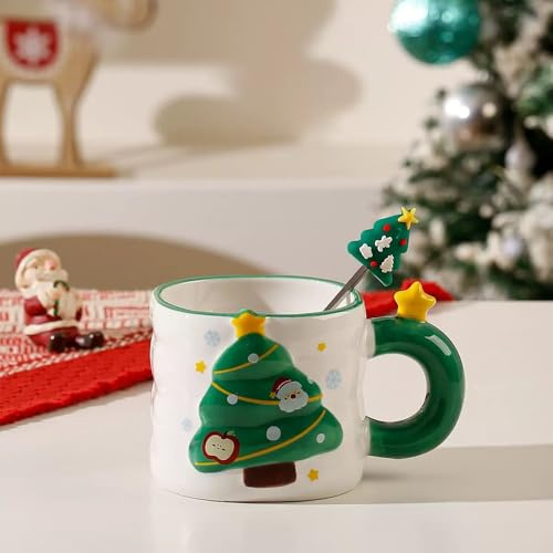 VollfitYYu Süße Weihnachtstasse Cartoon 3D Relief Weihnachtsbaum Kaffeebecher Porzellan Kaffeetasse mit Rührlöffel Geschenk für Frau Männer Mädchen Kollegen Freunde (Grün)
