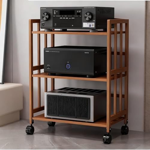 LIMENQIN Mobiles Bambus Audio-Rack, AV-Medienständer auf Rollen, HiFi Rack Schallplatten Regal, Offener Plattenspieler Schrank, mit Verstellbaren Einlegeböden(Brown,3 Tier 55x38x88cm)