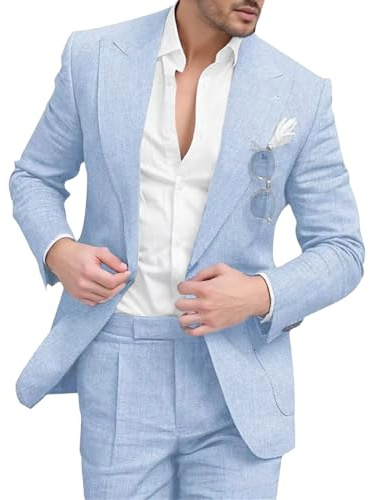 Completo da Uomo Casual in Misto Lino, Due Pezzi, Giacca e Pantaloni Slim Fit, Ideale per L'Estate, Matrimoni e Balli di fine Anno.