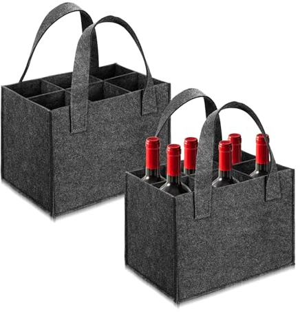 Flaskväska 6 flaskor, 2 stycken filtflaskhållare med handtag, flaskhållare filt med skiljeväggar, återanvändbar flaskväska för vin drycker vinflaskor flaska (24 x 16 x 18 cm/mörkgrå)