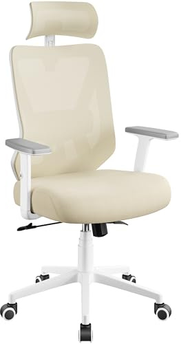Yaheetech Silla Escritorio de Oficina Ergonomica Sillon Despacho con Respaldo Bloqueable Entre 90° y 130° Silla Soporte Lumbar Ajustable Malla Transpirable para Oficina Estudio Beige