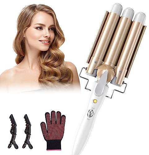 Guyisile Lockenstab 3 Fässer Welleneisen 22mm Mit 2 Clips und Handschuh | Große Welleneisen für Haare Beach Waves Lockenwickler,Turmalin Keramik Curling Iron Schnelle Erwärmung Für alle Haartypen