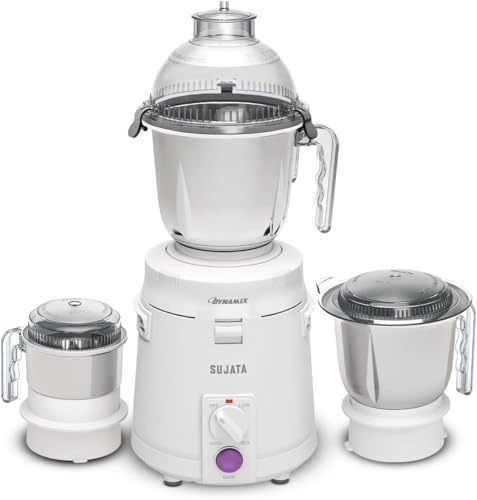 Sujata Dynamix Mixer Grinder 900 Watts Powerful Motor 22000 RPM 90 Minutes Continuous Running 3 Versatile Stainless Steel Jars (1500 ml, 1000 ml, 400 ml) Heavy-Duty Indian Mixer Grinder